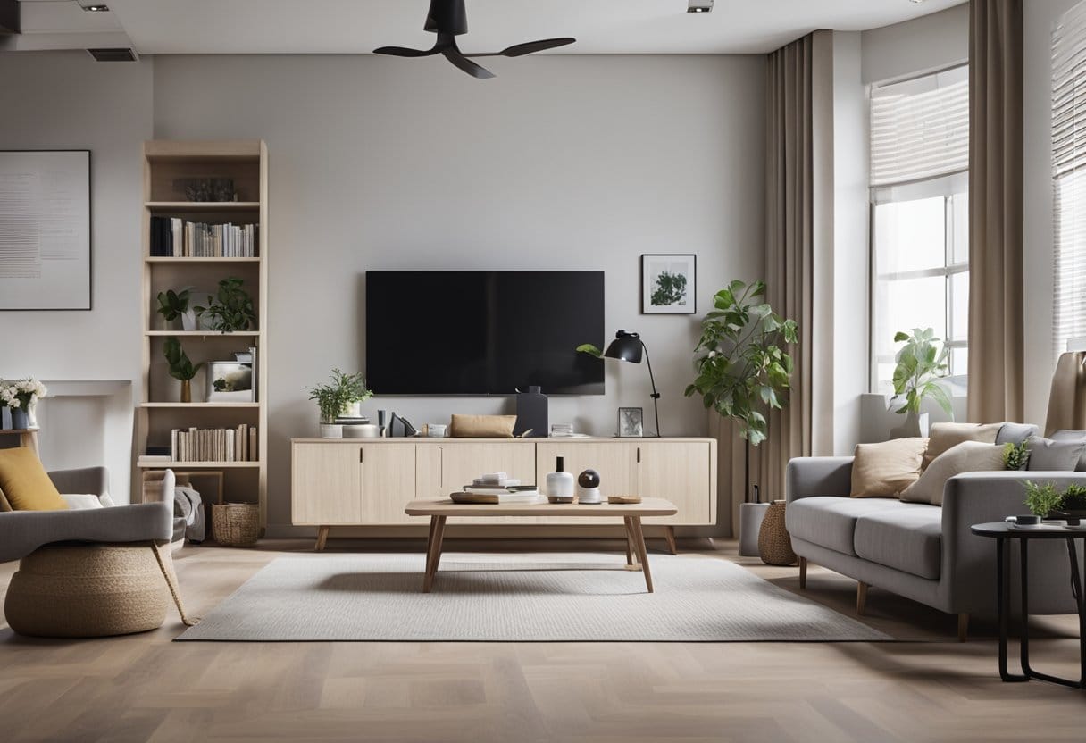 A serene, organized living room with neatly arranged furniture, clean floors, and clutter-free surfaces. A calendar on the wall marks each day with a different cleaning task