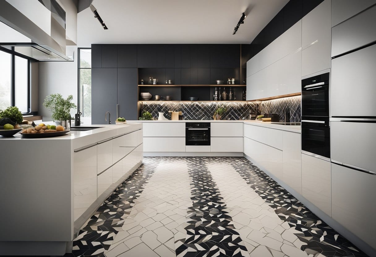 A sleek, modern kitchen with marble backsplash, stainless steel appliances, and geometric patterned tiles on the floor