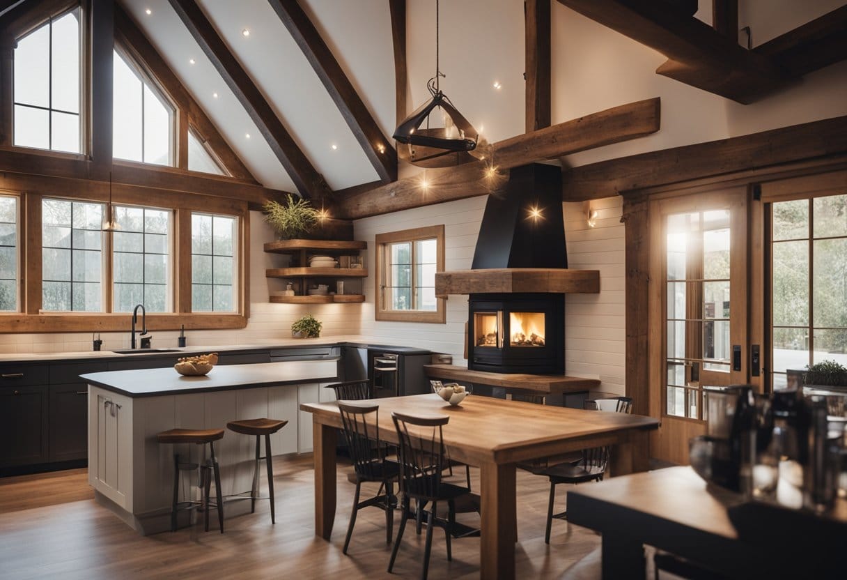A cozy small barndominium with warm lighting, rustic wood beams, and a crackling fireplace. A comfortable seating area and a compact kitchen with modern appliances complete the inviting space