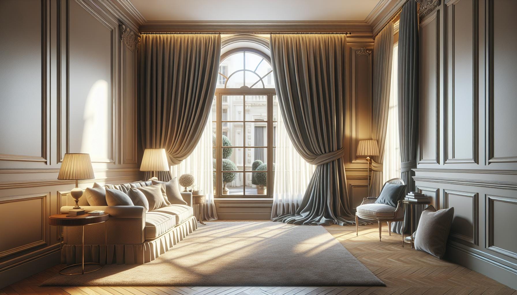 Elegant living room with large arched window, floor-length curtains, beige sofa, armchair, side table with lamp, and soft natural light filling the space.