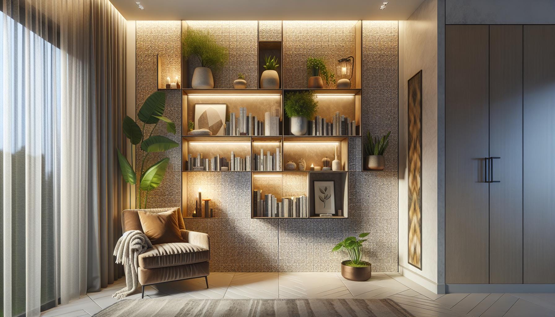 A modern living room with a brown armchair, a striped throw blanket, a large plant, and a wall-mounted bookshelf filled with books, art, and potted plants, lit by warm accent lighting.