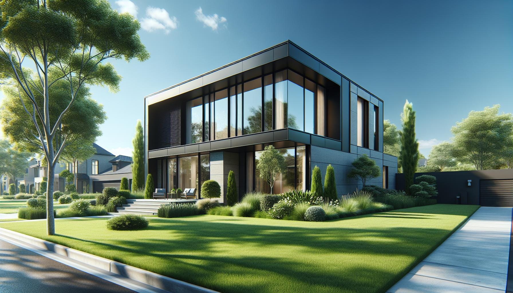 A modern two-story house with large glass windows, flat roof, and minimalist landscaping, situated on a well-kept lawn in a suburban neighborhood.