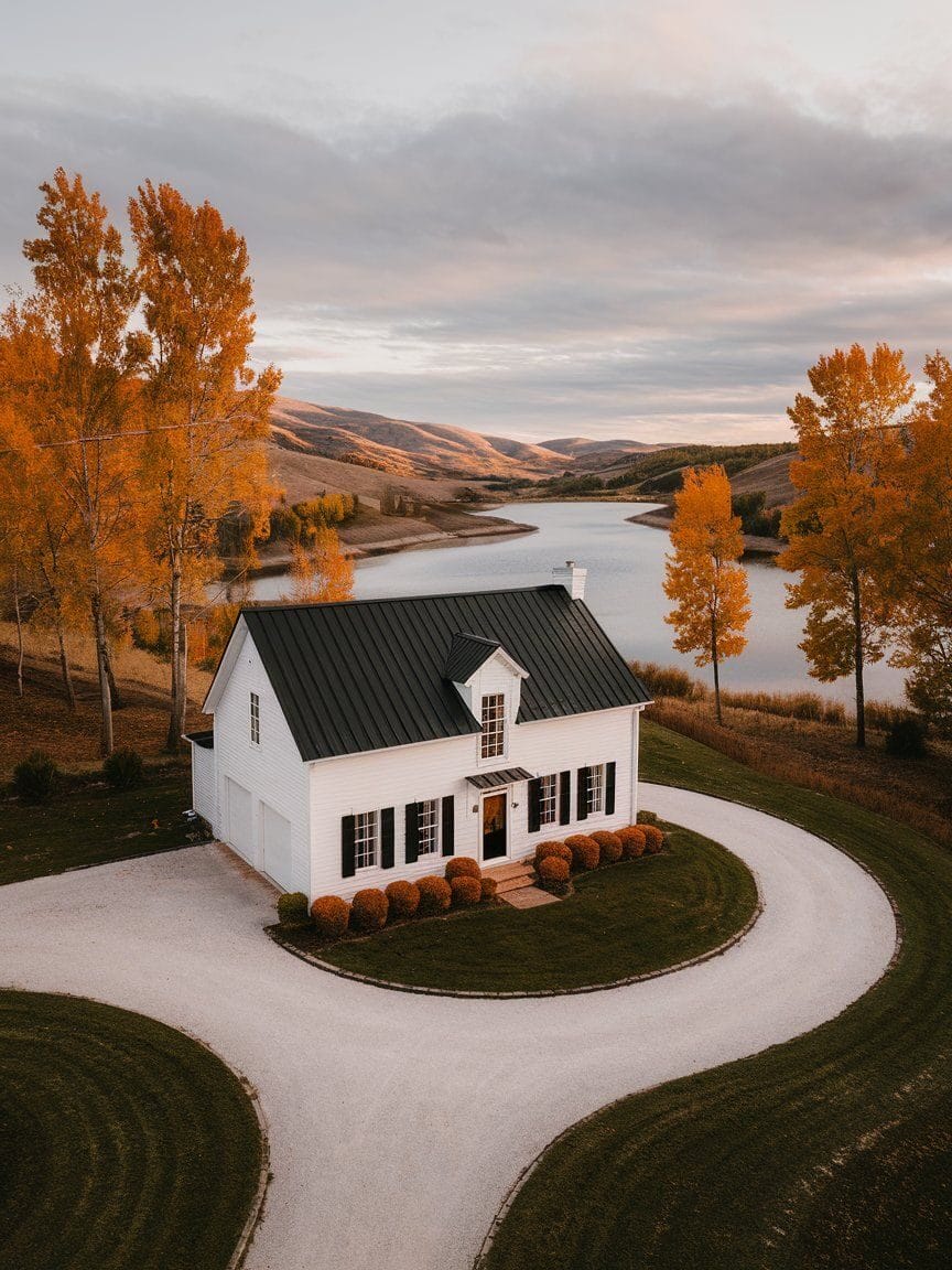 A white house with black roof sits in the center of a circular driveway, surrounded by autumn trees and a lake with hills in the background.