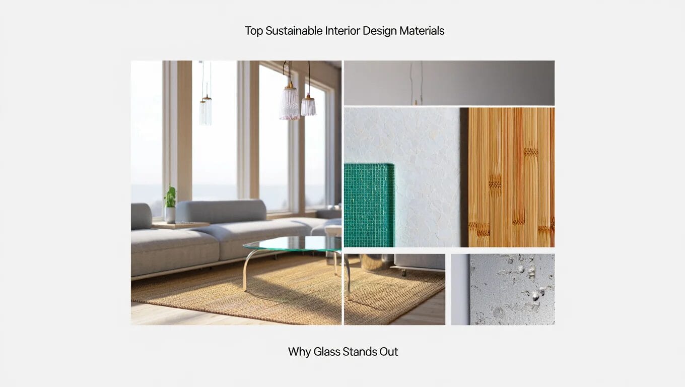 A collage of glass, bamboo, terrazzo, and a modern living room with large windows, illustrating sustainable interior design materials.