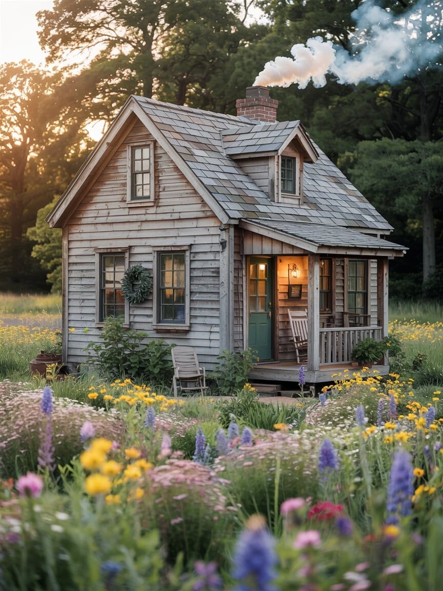 A small wooden cottage with a front porch sits in a field of colorful wildflowers; smoke rises from the chimney, and lights glow inside at sunset.
