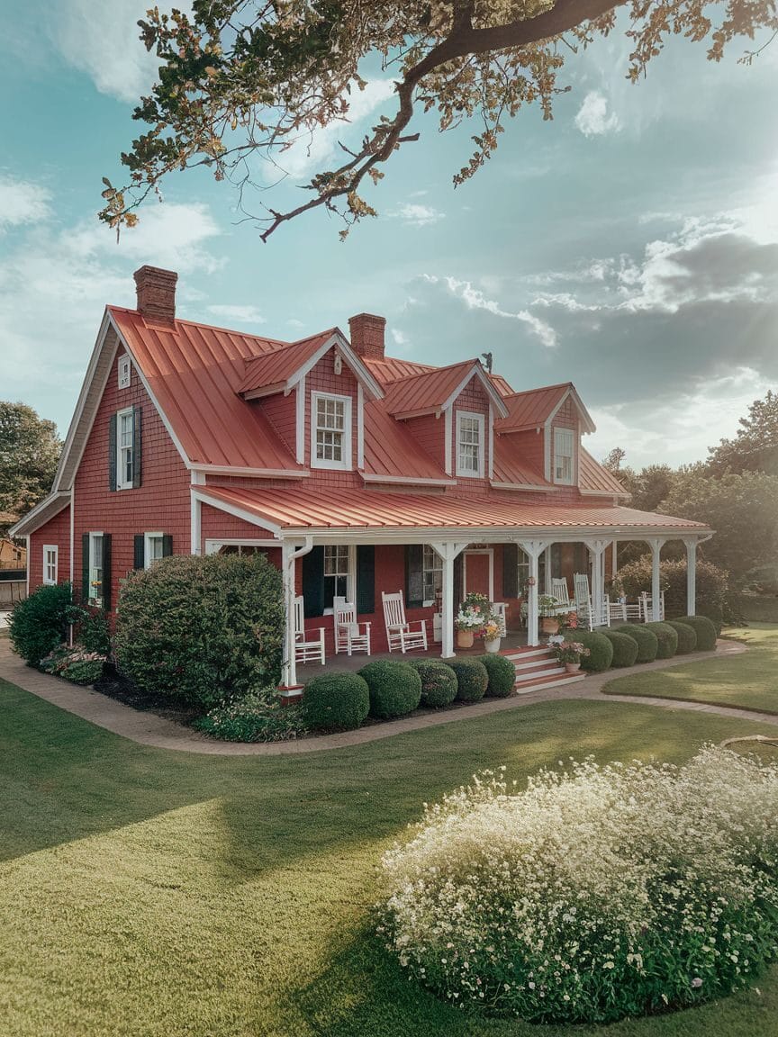 Red two-story house with white trim, a wraparound porch, rocking chairs, and manicured lawn, set under a partly cloudy sky.
