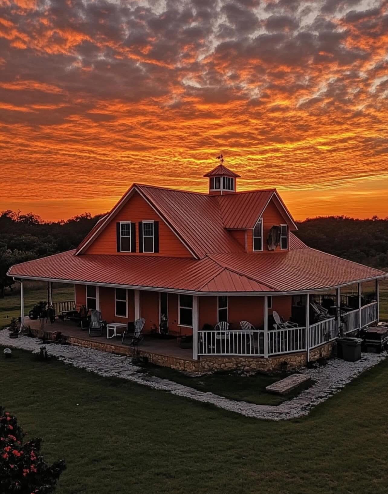 A two-story house with a large wraparound porch sits on a grassy lawn under a dramatic orange and red sunset sky with scattered clouds.