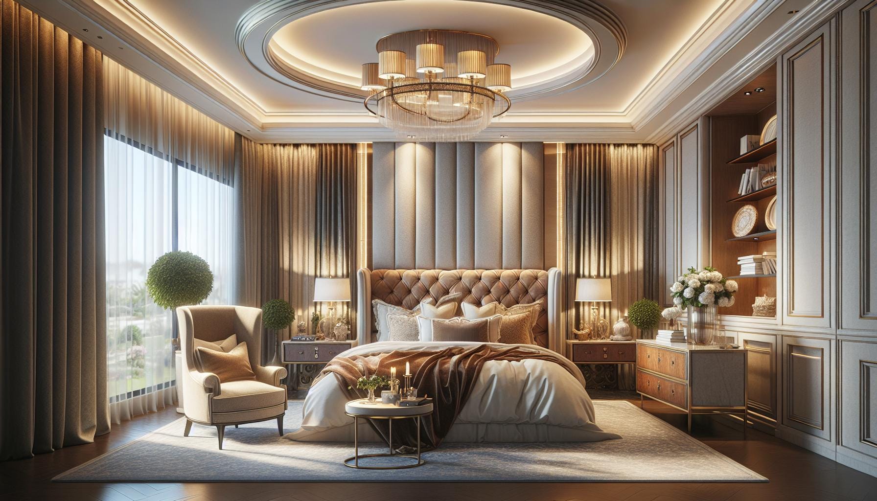 Luxurious bedroom with a tufted headboard, elegant chandelier, armchair, large window, and decorative plants, all in neutral tones with gold accents.
