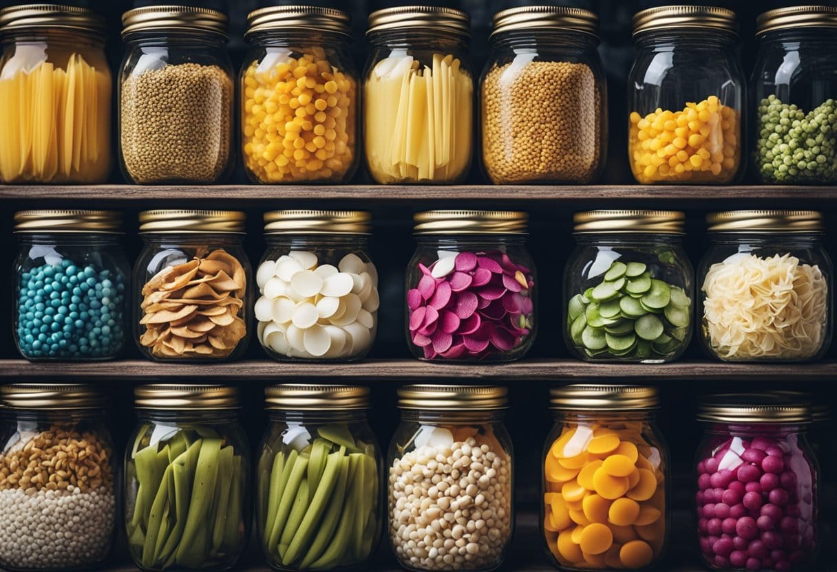 An array of mason jars filled with colorful layers of ingredients, surrounded by ribbons, labels, and decorative embellishments