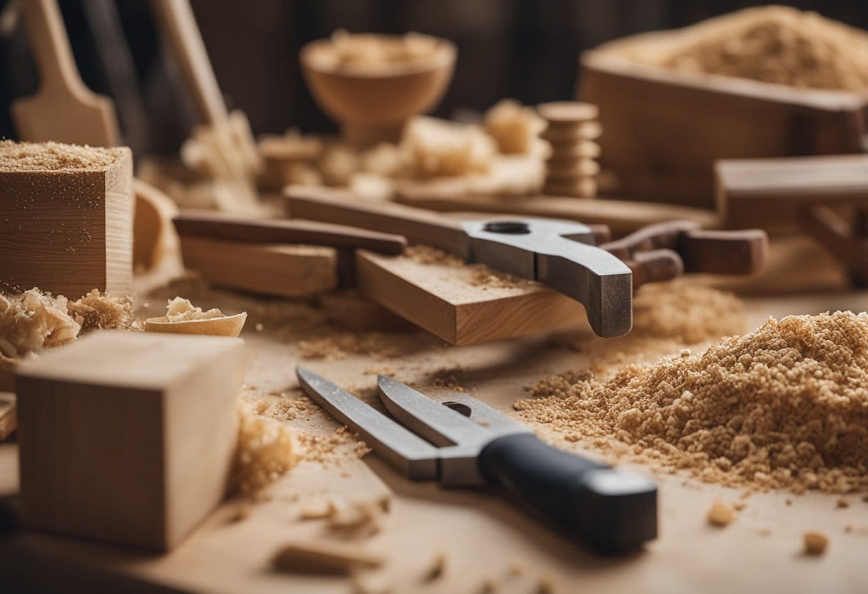 A wooden workbench with tools and materials for crafting rustic corbels. Sawdust and wood shavings scattered on the surface