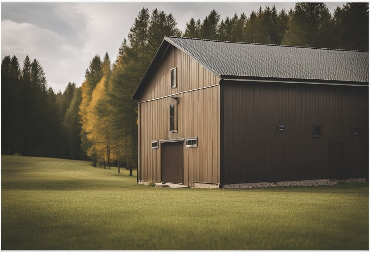 A rural landscape with various styles of siding on different barndominiums, showcasing a range of aesthetic options