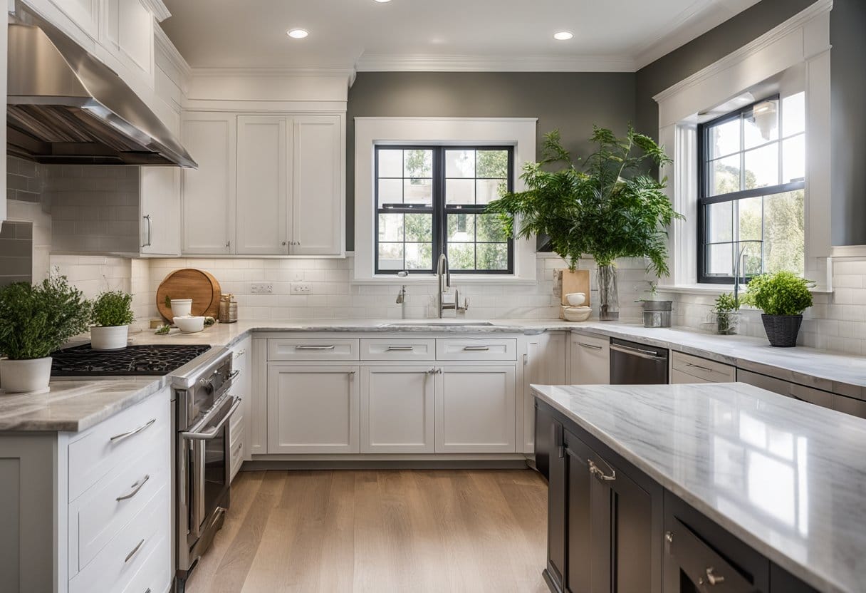 A bright, modern kitchen with white cabinets, marble countertops, and stainless steel appliances. Before, a dark, outdated space with worn cabinets and old tile