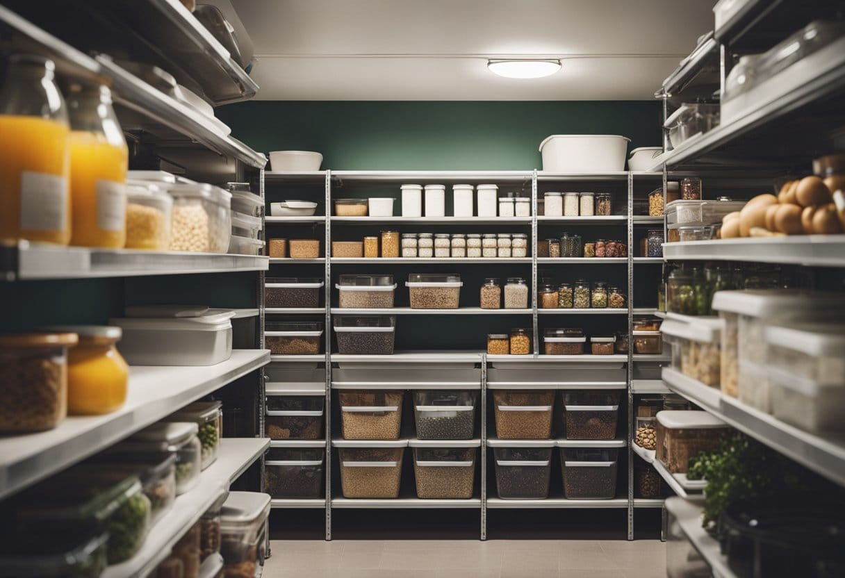 A cluttered pantry transformed into an organized space with labeled bins, hanging racks, and storage containers