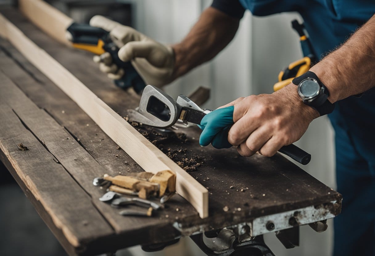 A close-up of a rotted door trim being removed and replaced with a new piece, with tools and materials laid out nearby