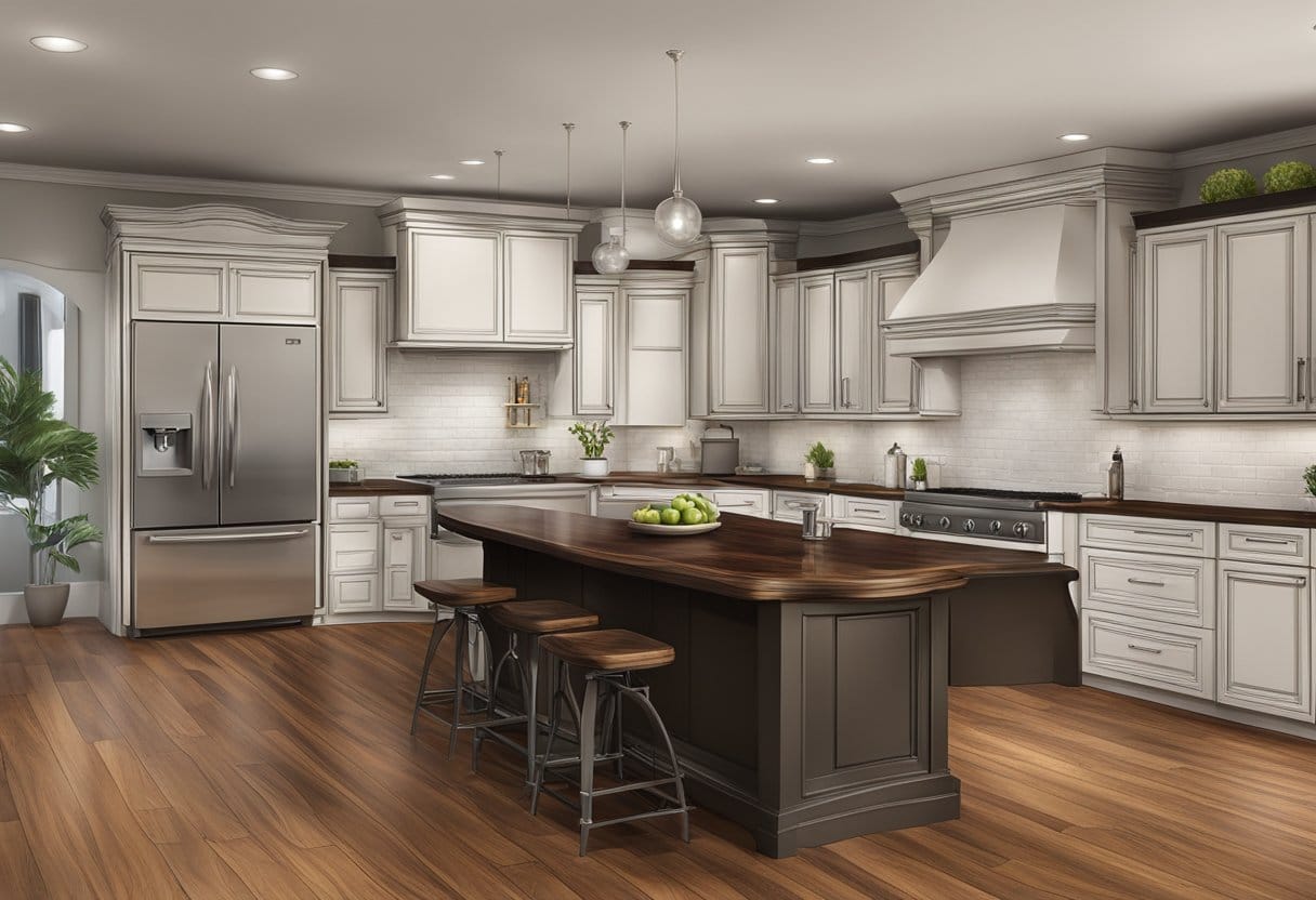 A worn, bland wood countertop transformed into a stunning, richly stained surface with a glossy finish