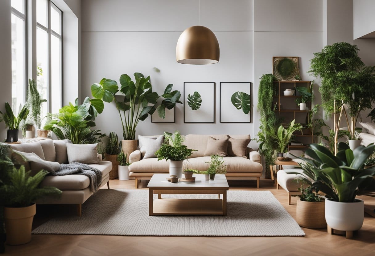 A cozy living room with 8 lush houseplants in various pots, placed strategically around the room to create a calming and inviting atmosphere