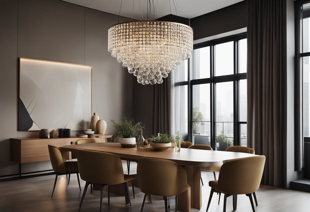A modern dining room with a sleek, minimalist chandelier hanging above a polished table and contemporary chairs. The room is bathed in warm, inviting light, creating a stylish and elegant atmosphere