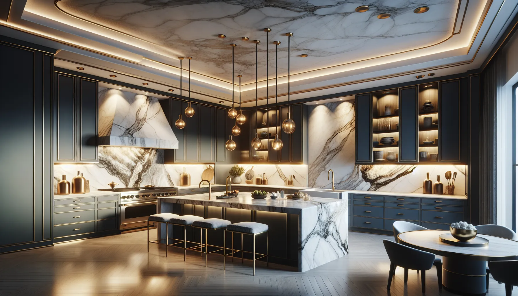 Modern kitchen with dark cabinets, marble countertops, matching backsplash, pendant lights over an island with stools, and a dining table set near large windows.