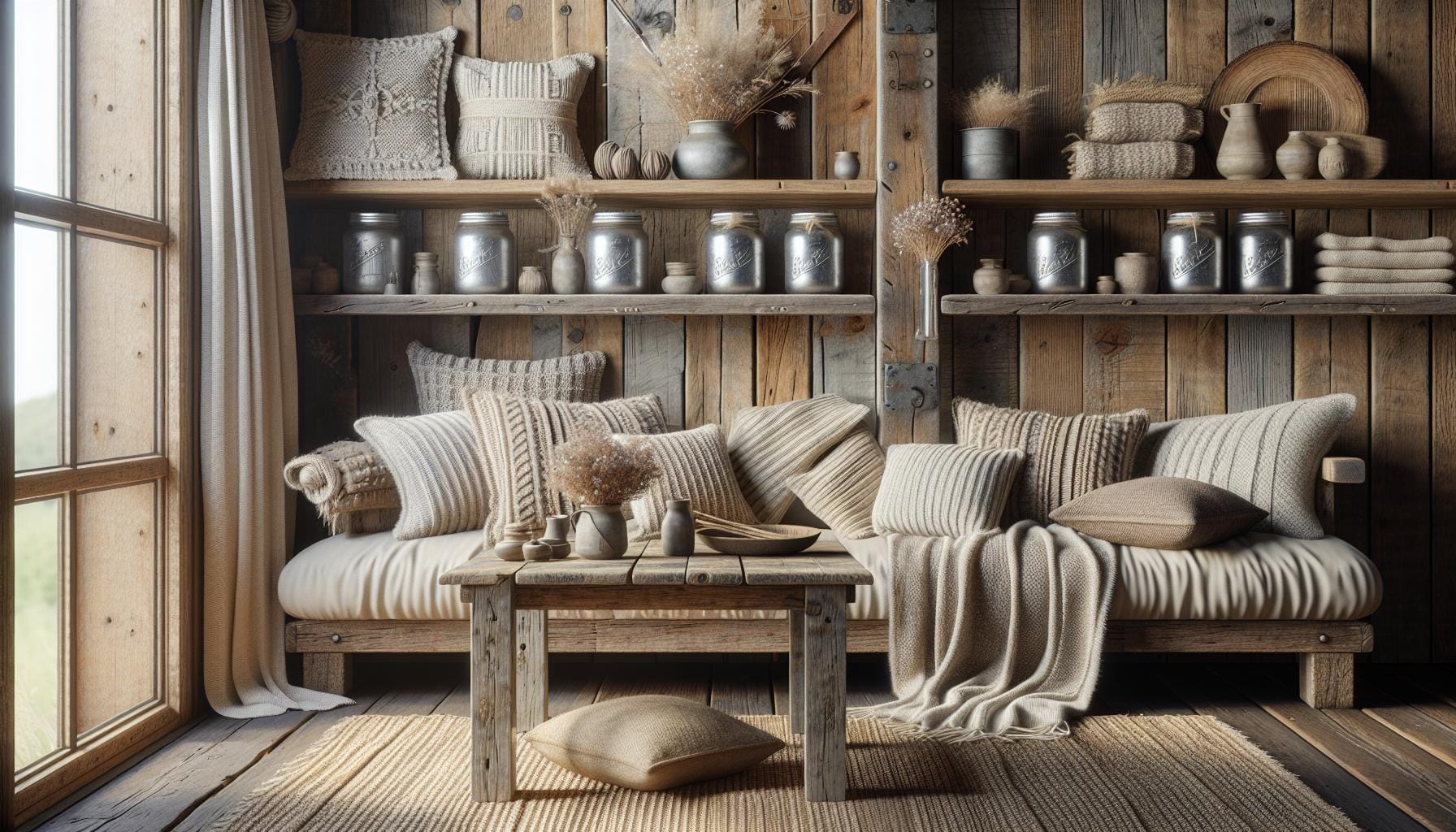 Cozy rustic living room with a wooden sofa, neutral-toned cushions and blankets, wooden shelves with jars and decor, and sunlight streaming through a large window.