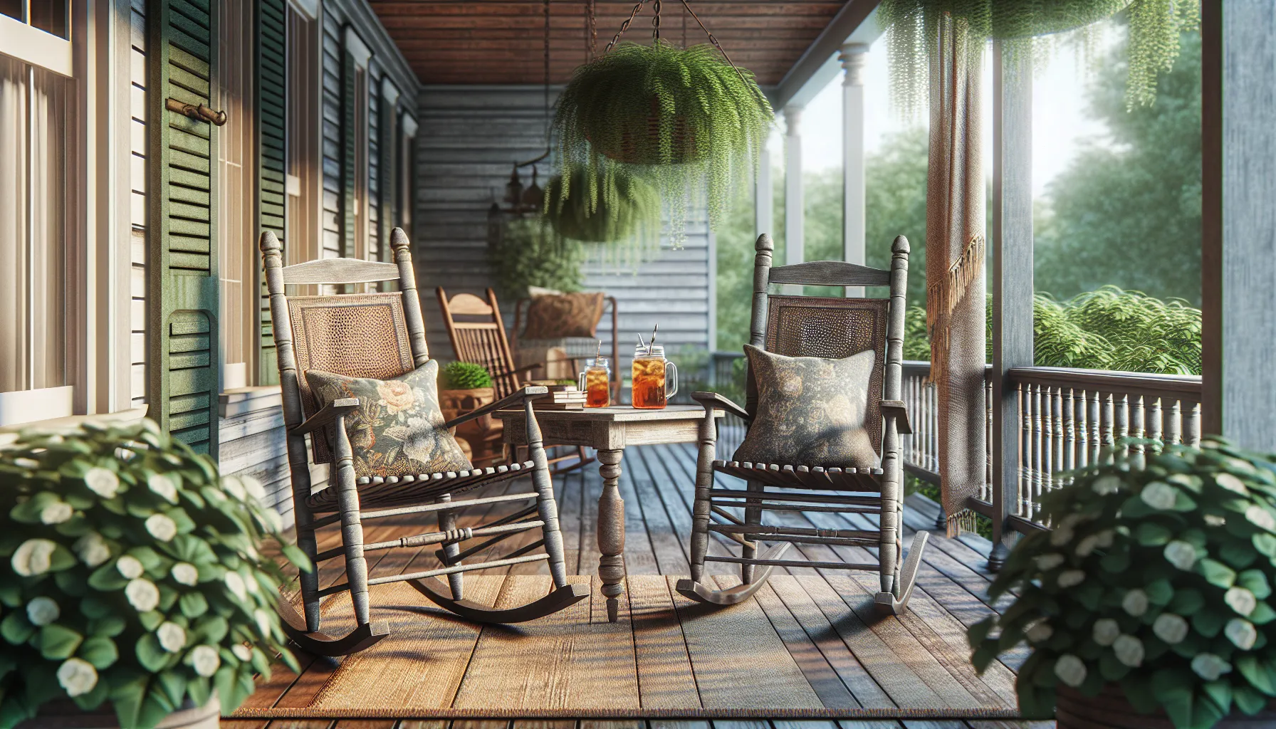 A wooden porch with two rocking chairs, cushions, a small table holding iced tea, hanging plants, and lush greenery in the background.