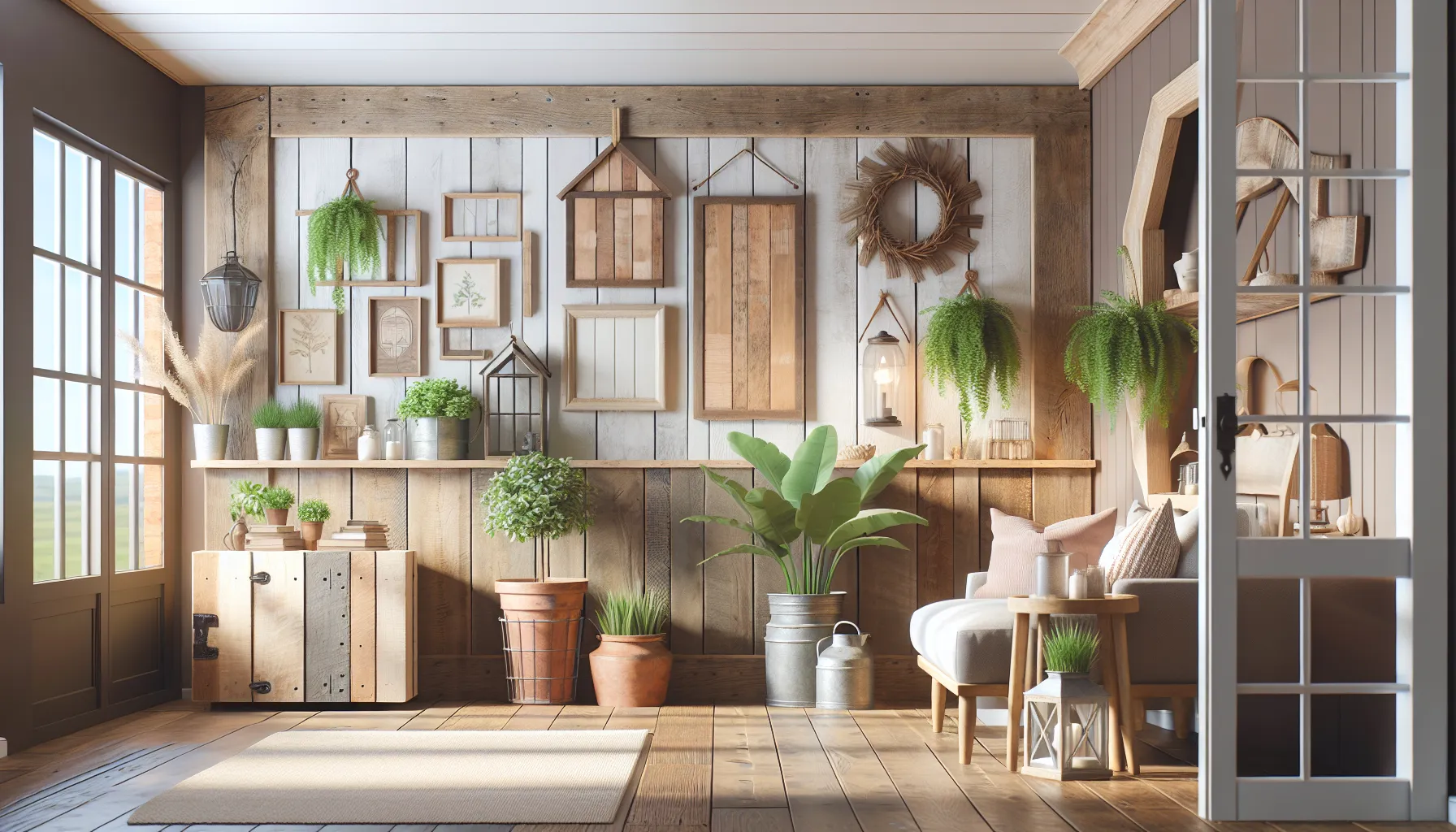 Bright sunroom with wooden decor, hanging plants, potted greenery, framed art on a paneled wall, and a bench with cushions beside large windows and glass doors.