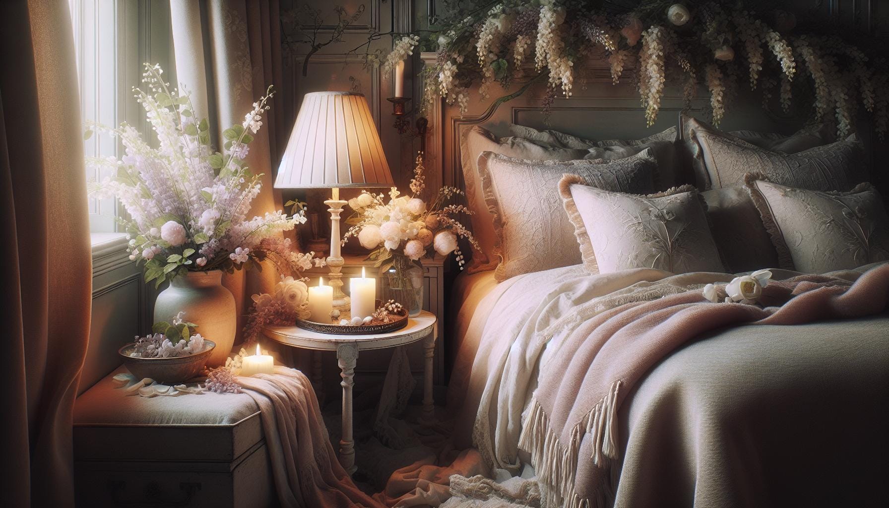 A cozy bedroom with a neatly made bed, a table holding candles and flowers, soft lighting from a lamp, and floral decorations creating a serene atmosphere.