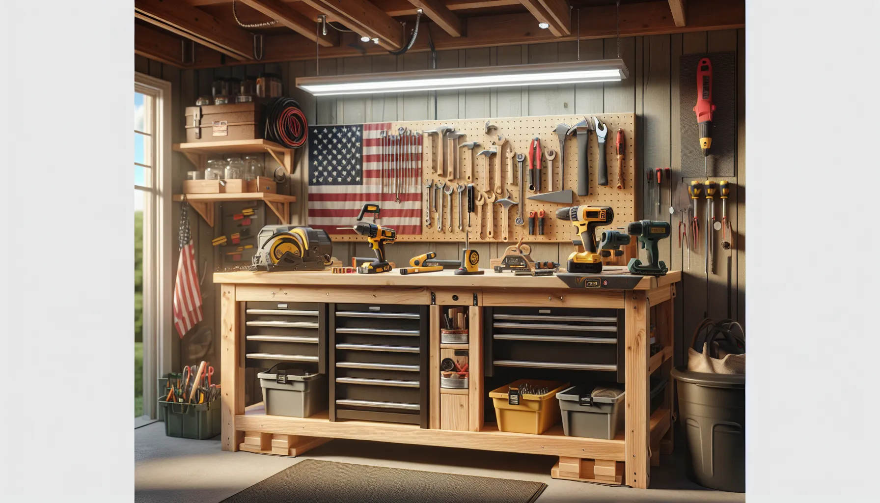 A well-organized workshop with a wooden workbench, assorted tools on a pegboard, power tools on the bench, storage drawers, and an American flag on the wall.