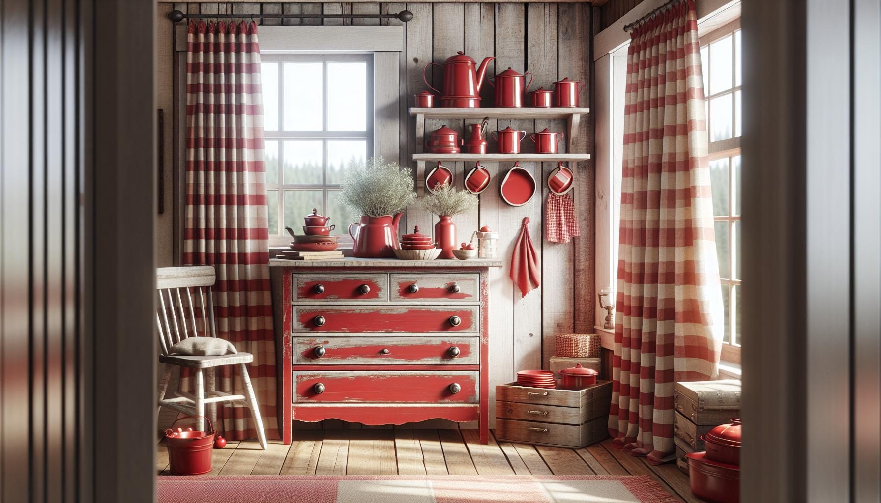A rustic kitchen with red and white striped curtains, red cookware, a weathered red dresser, wooden walls, and sunlight streaming through two windows.