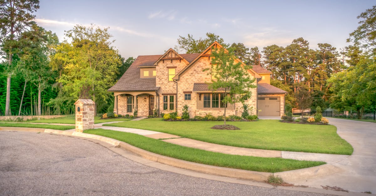elegant stone family home with manicured lawn trees and driveway on a sunny day