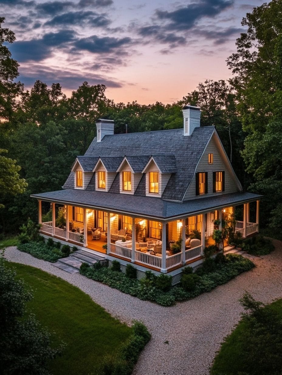 Two-story house with a wraparound porch, lit warmly from inside, surrounded by trees and a gravel driveway at sunset.