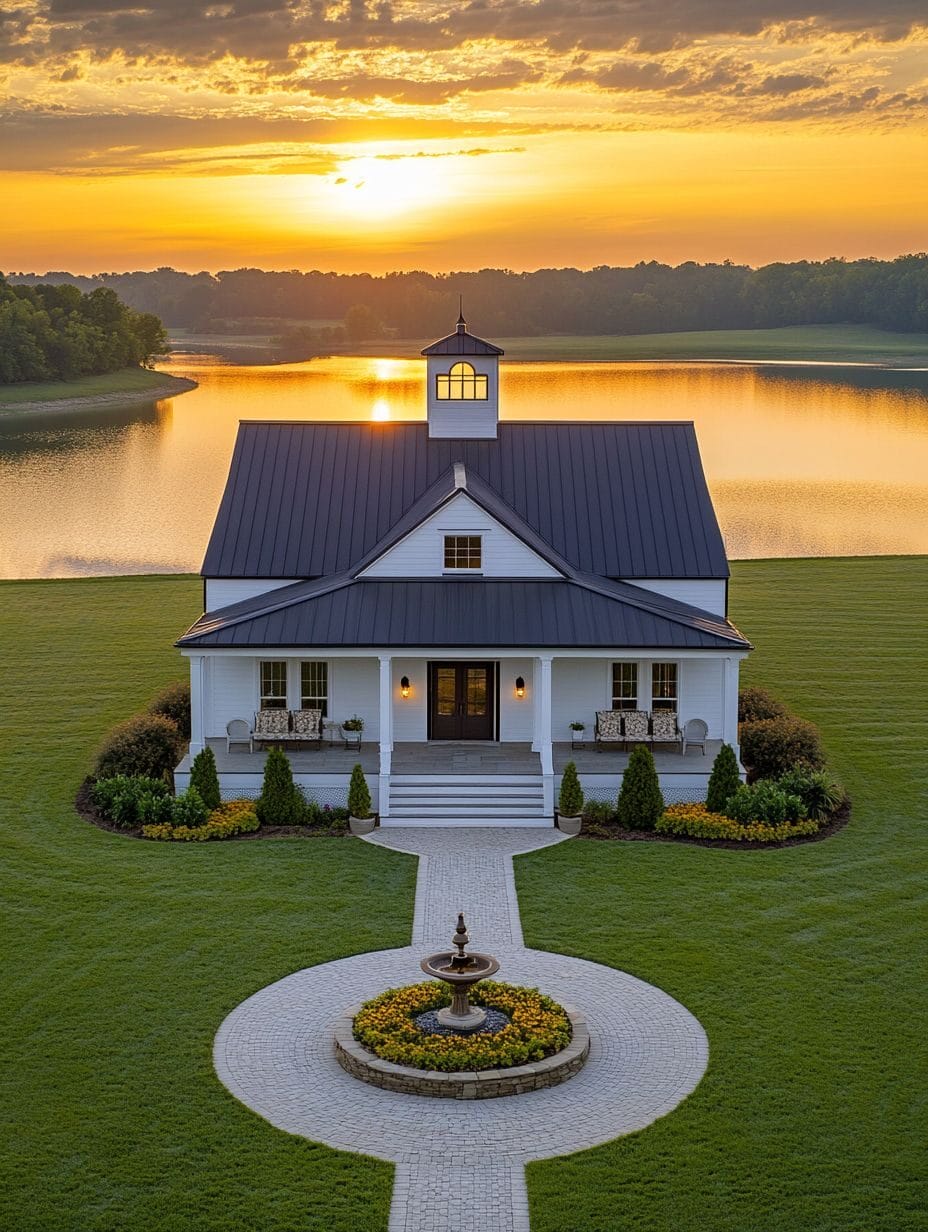 A white house with a black roof sits in front of a lake at sunset, surrounded by manicured lawns, a circular walkway, and a central fountain.