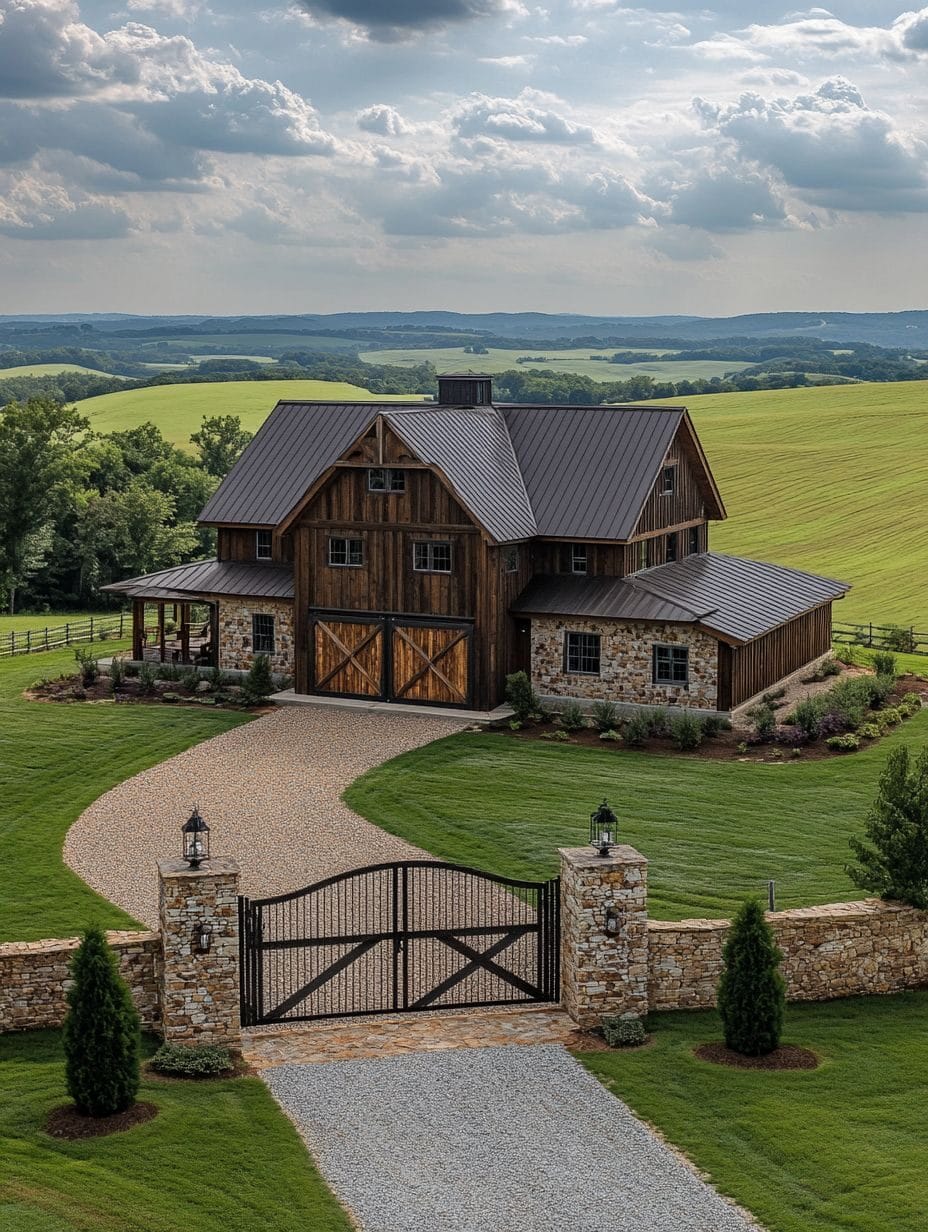 A large wooden and stone farmhouse with a metal roof sits on a manicured lawn, surrounded by rolling green fields, viewed from behind a gated entrance.