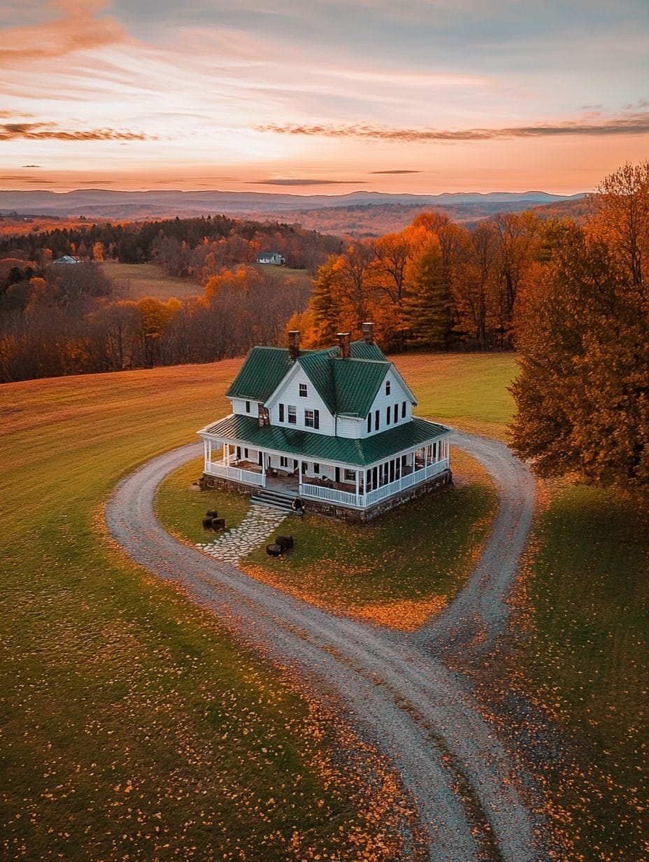 A white house with a green roof sits in the center of a curved gravel driveway, surrounded by autumn trees and open fields at sunset.