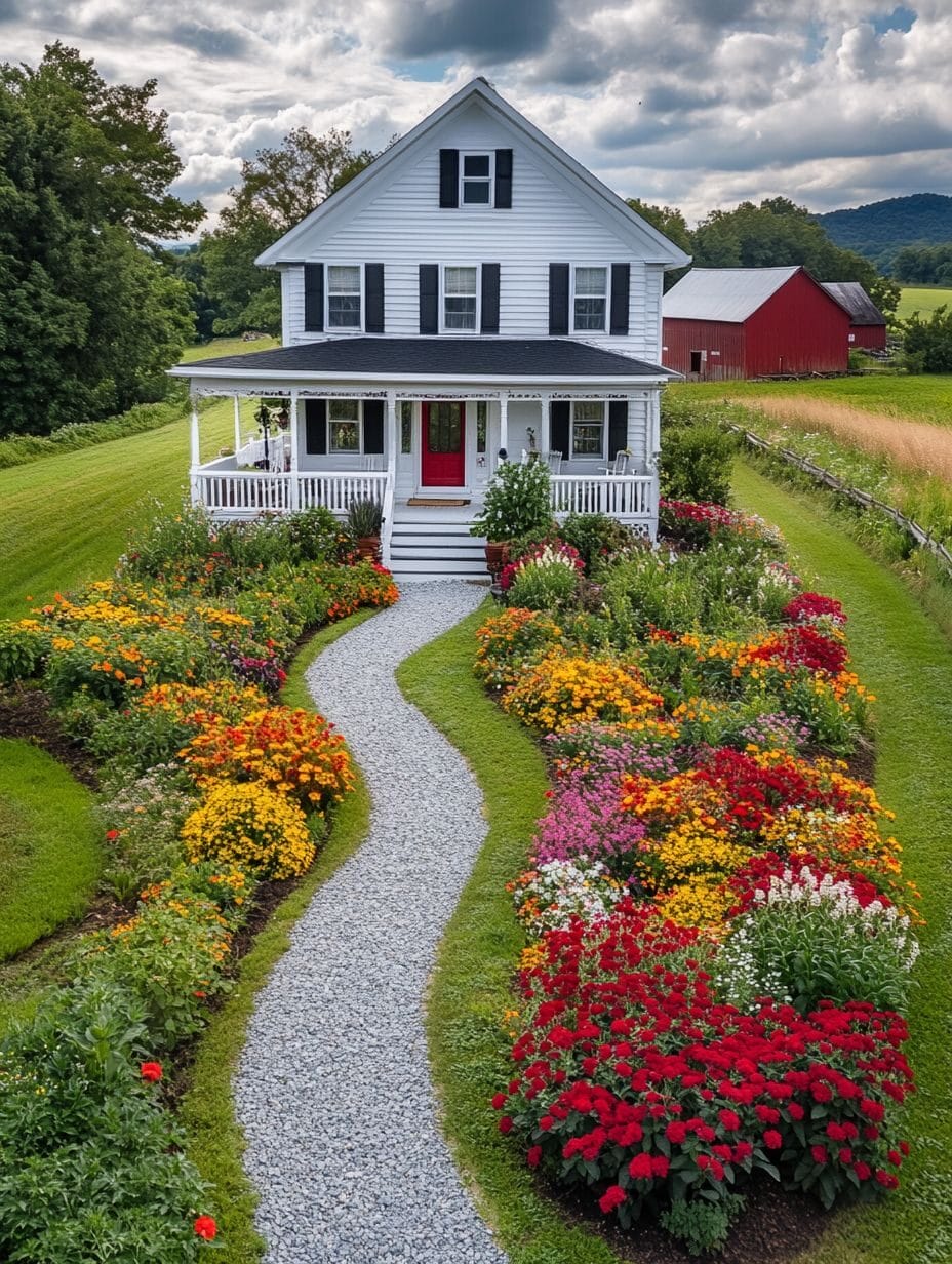 A white two-story farmhouse with a red door is surrounded by colorful flower gardens and a gravel path, with a red barn and fields in the background.