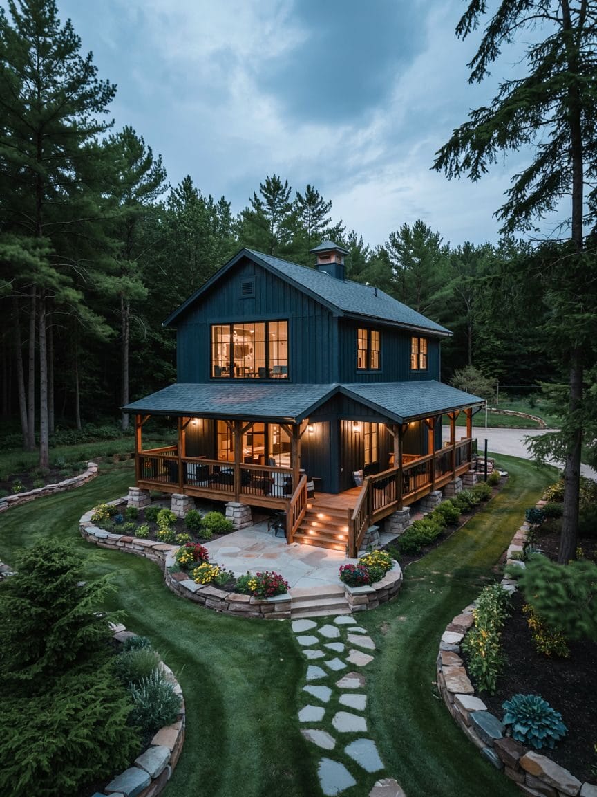 Two-story dark blue house with large windows and wraparound porch, surrounded by landscaped garden, stone walkway, and tall trees at dusk. Lights illuminate the porch and interior.