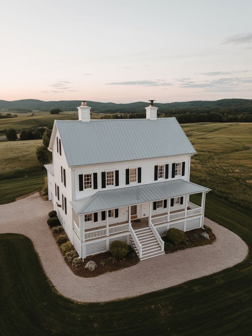 A two-story white house with a gray metal roof, front porch, and surrounding gravel driveway, set in a grassy rural landscape at sunset.