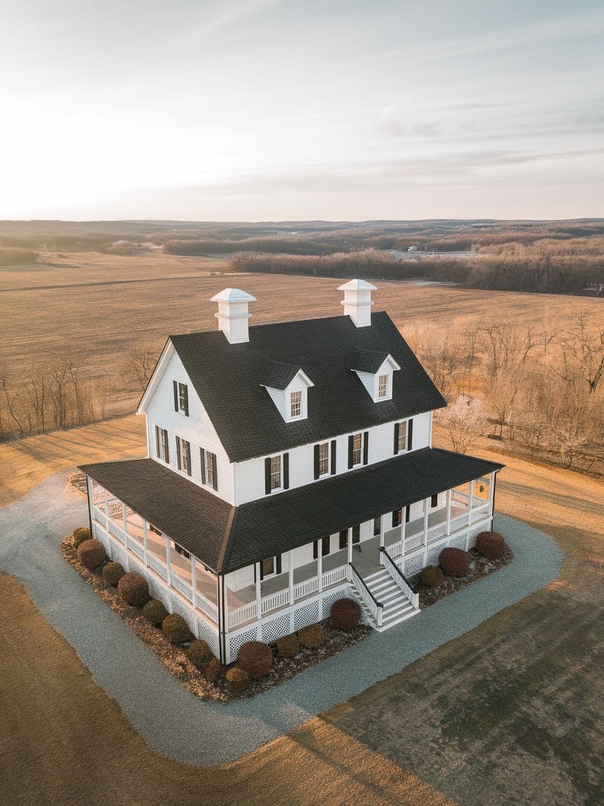 A large white two-story house with a black roof and wraparound porch sits on a gravel driveway in a rural landscape.