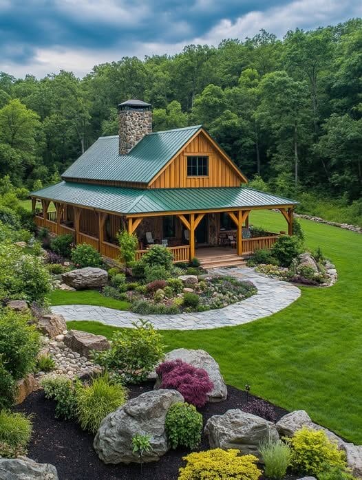 A wooden cabin with a green metal roof and stone chimney sits among landscaped gardens and lawns, surrounded by dense trees under a cloudy sky.