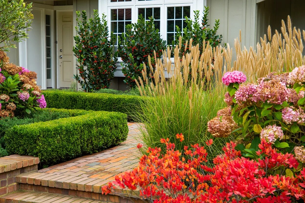 Brick pathway bordered by neatly trimmed hedges, ornamental grasses, and blooming flowers in front of a house with large windows and a white door.