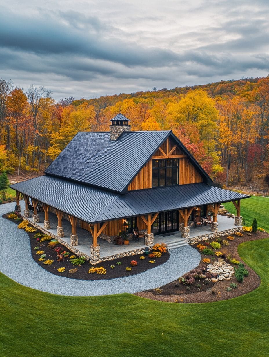 A large wooden barn with a black metal roof sits surrounded by autumn trees and landscaped gardens under a cloudy sky.