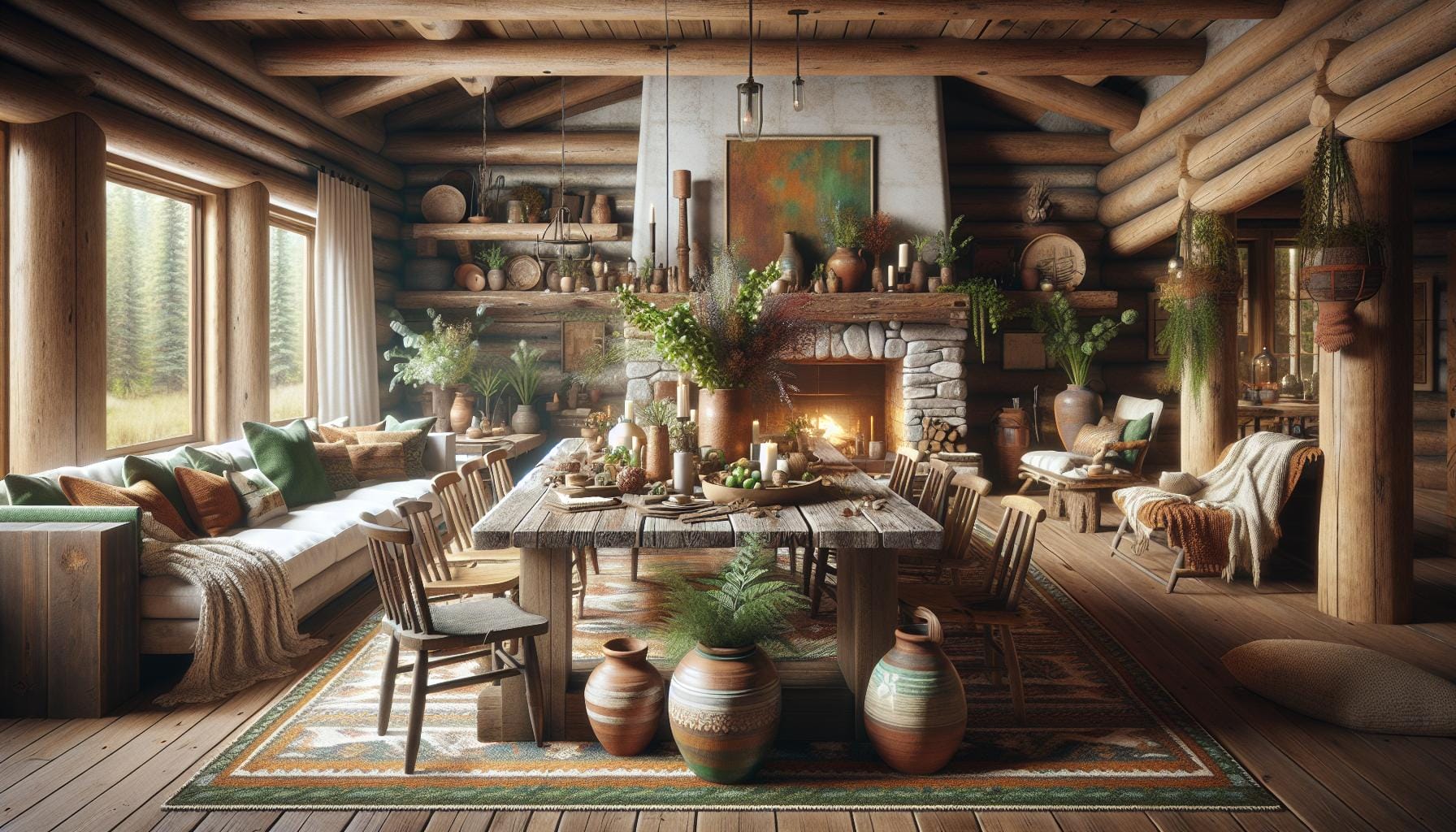 A cozy log cabin dining room with rustic wooden furniture, a large dining table set for a meal, a stone fireplace, plants, and decorative pottery, with sunlight streaming through windows.