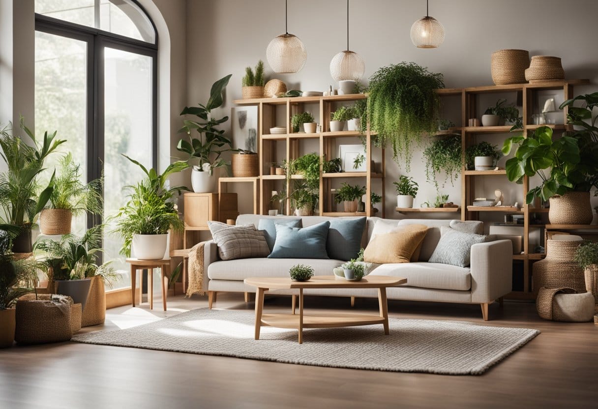 A cozy living room with handmade shelves, hanging plants, and custom artwork. Bright natural light streams through the windows, illuminating the space