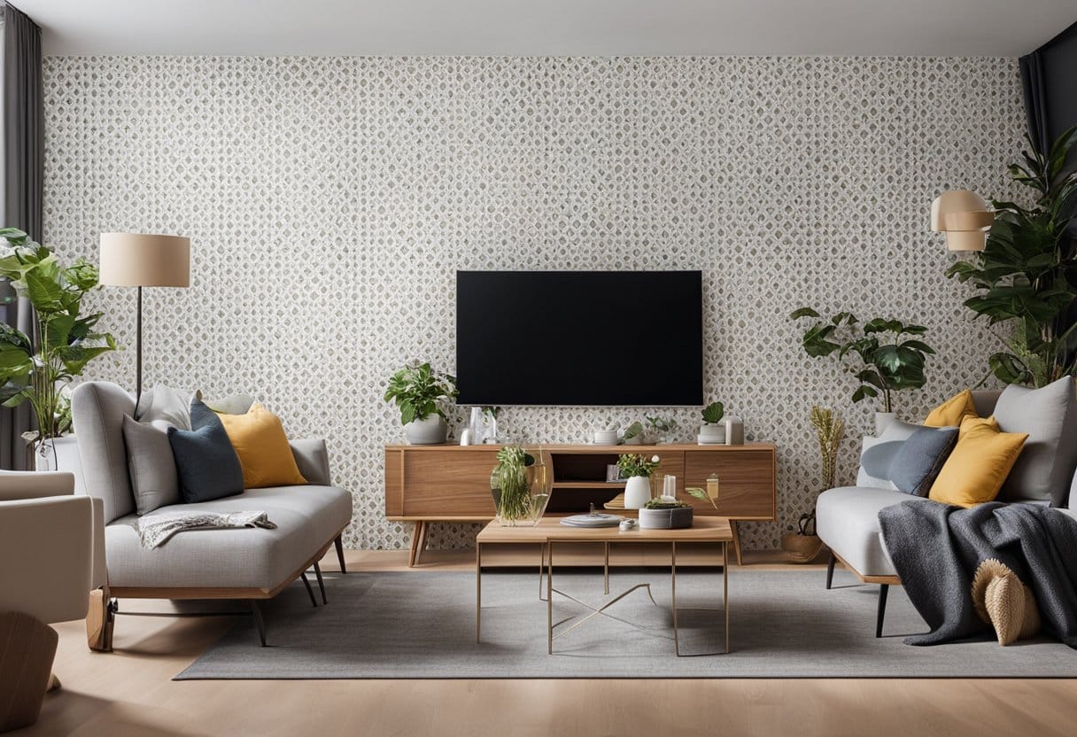 A living room with peel-and-stick wallpaper, removable wall decals, and modular furniture rearranged for a renter-friendly home improvement