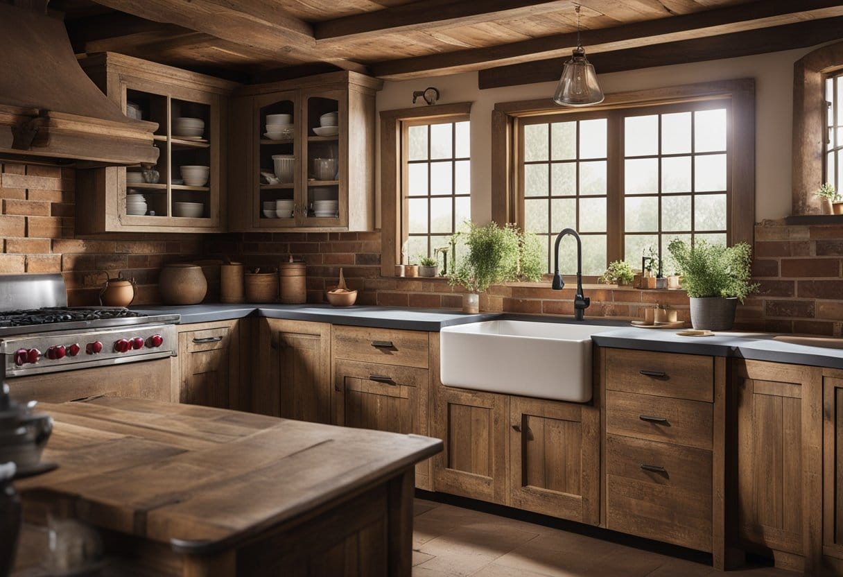 A rustic farmhouse kitchen with distressed wood cabinets, a vintage enamel sink, and a weathered brick backsplash in warm, earthy paint colors