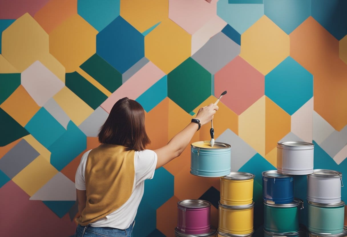 A person painting a colorful geometric pattern on a wall with paint cans and brushes scattered around