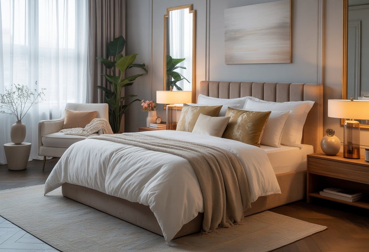 A well-decorated bedroom with a large bed, nightstands, lamps, an armchair, indoor plant, and a large window letting in natural light.