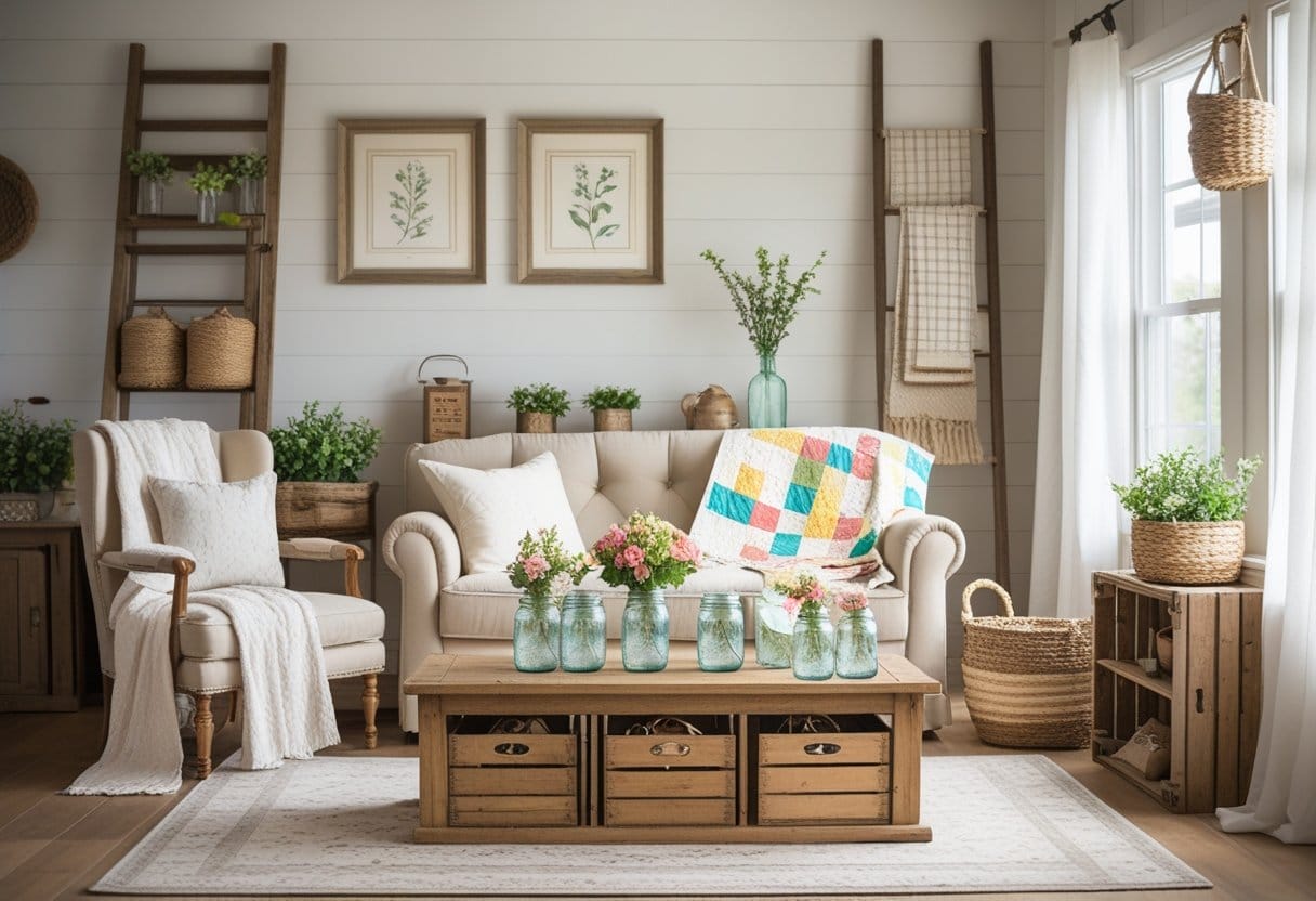 A cozy living room with a wooden coffee table, fresh flowers in jars, a quilt on a vintage armchair, wooden crates with books and plants, and a shiplap wall with framed prints and a wooden ladder holding baskets.