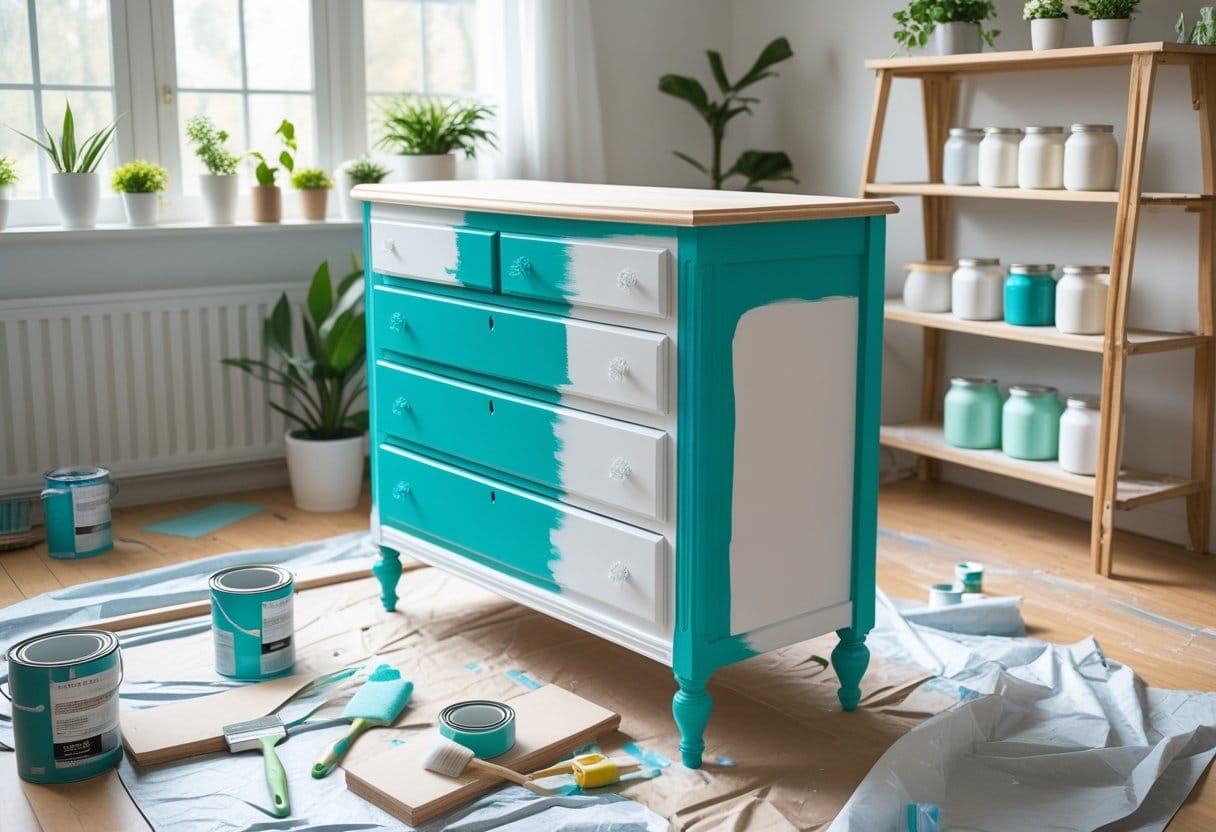 A wooden dresser in a bright workshop being painted with colorful paint, surrounded by painting supplies and tools.