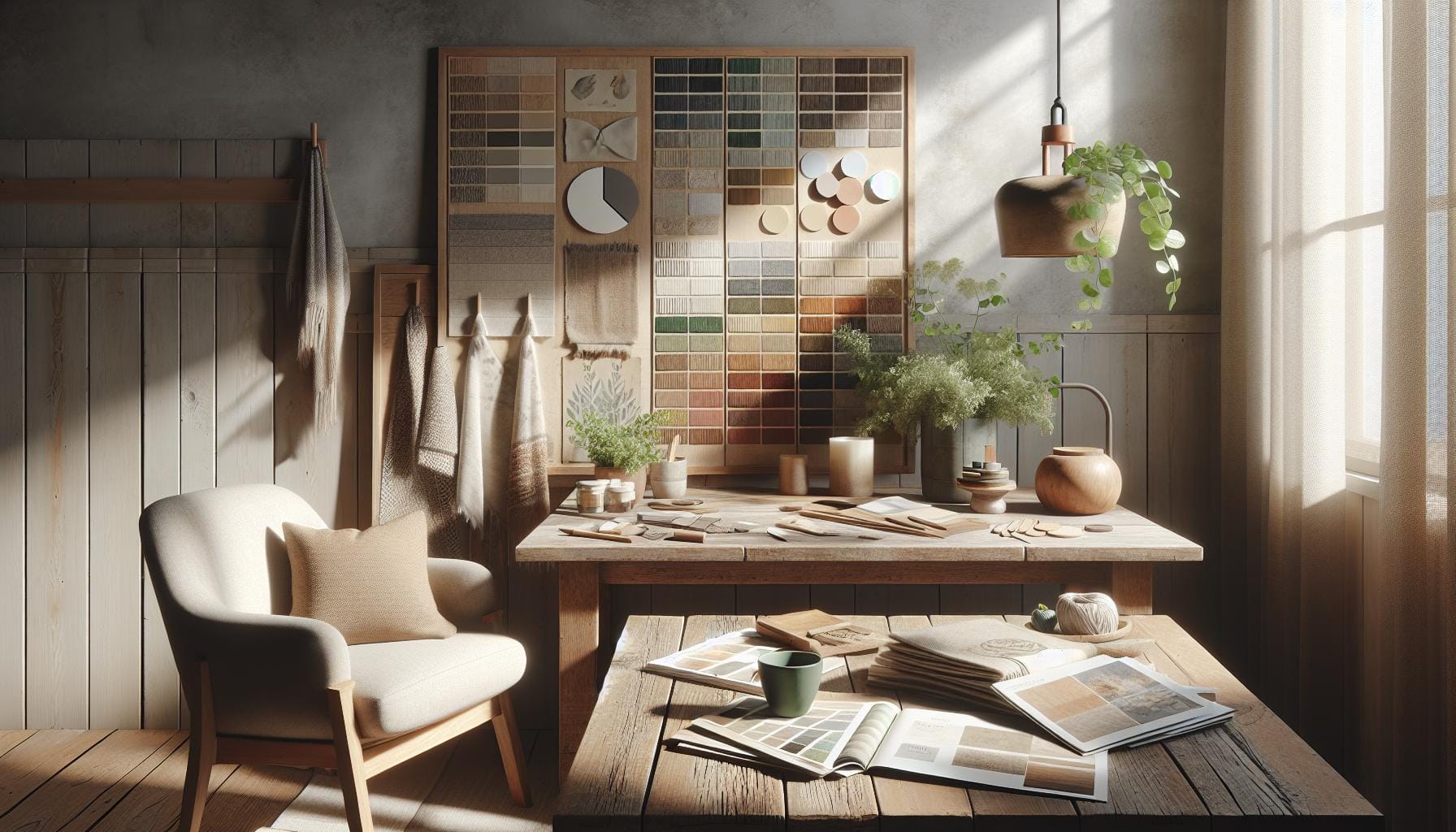 A sunlit workspace with a mood board of fabric and color samples, a wooden table with design materials, a potted plant, and an armchair with cushions.