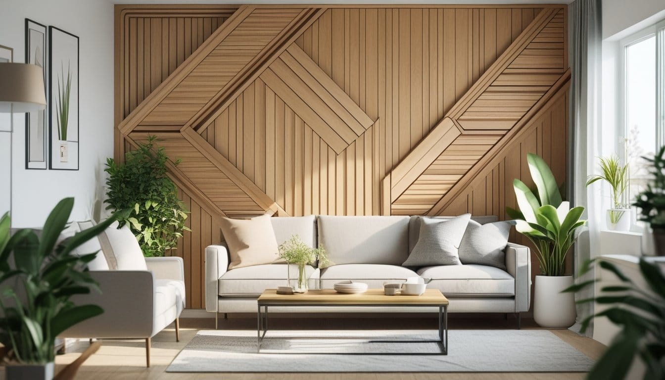 Living room with decorative wood-patterned wall paneling, sofa, coffee table, and plants in natural light.